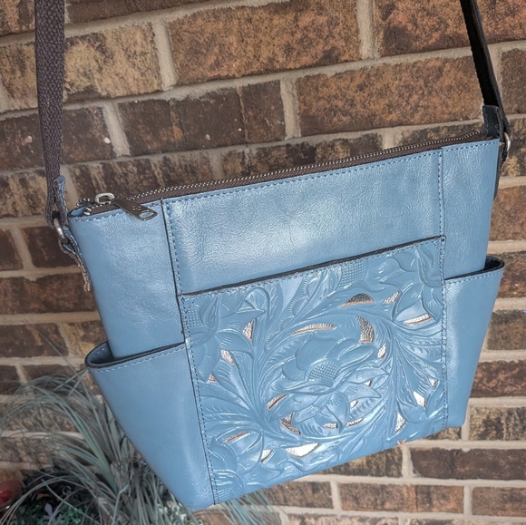 Patricia Nash Tooled Leather Crossbody – Dusty Blue Floral w/ Metallic - Picture 10 of 16